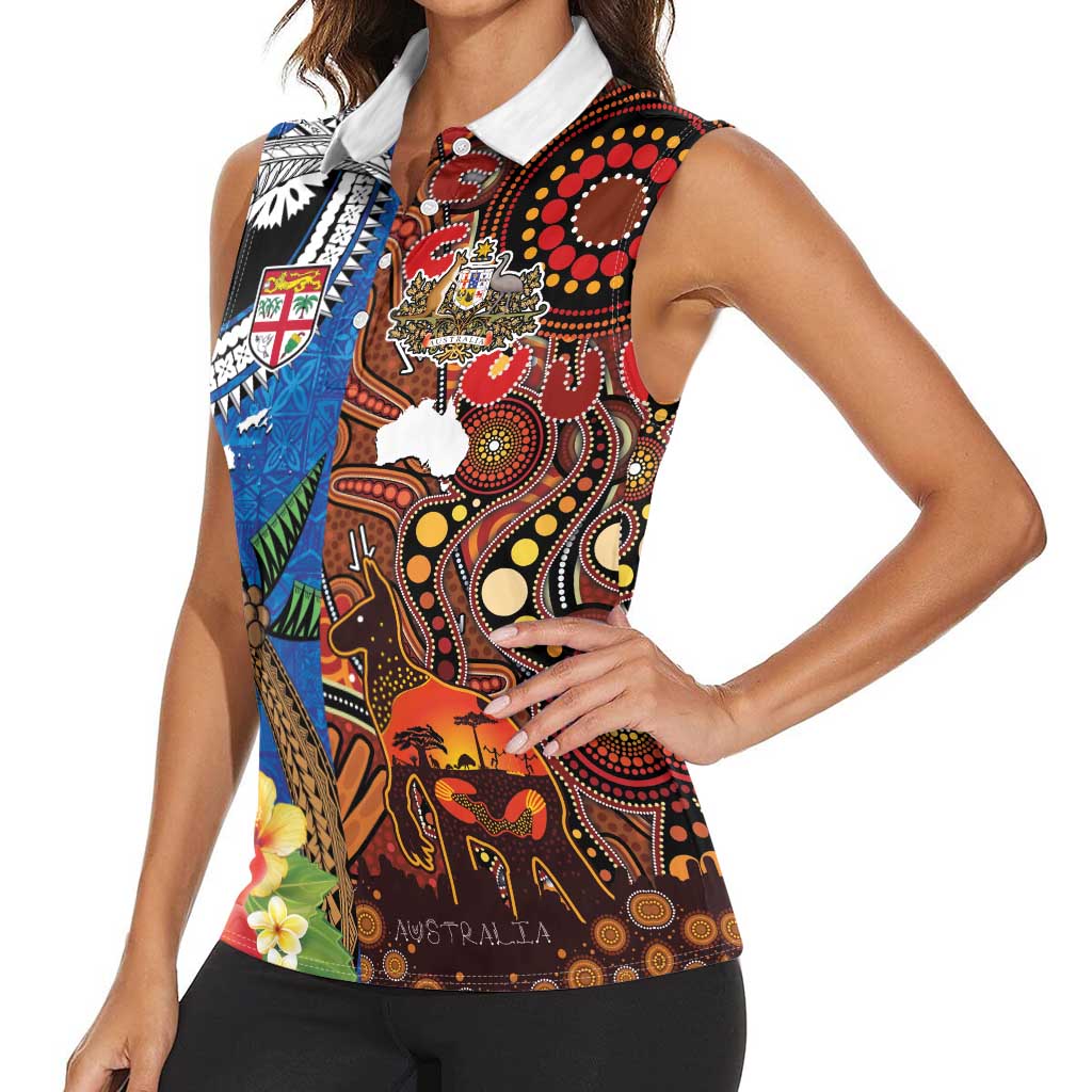 Fiji and Australia Together Women Sleeveless Polo Shirt Fijian Tapa Plants with Kangaroo and Aboriginal LT03 - Polynesian Pride