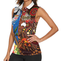 Fiji and Australia Together Women Sleeveless Polo Shirt Fijian Tapa Plants with Kangaroo and Aboriginal LT03 - Polynesian Pride