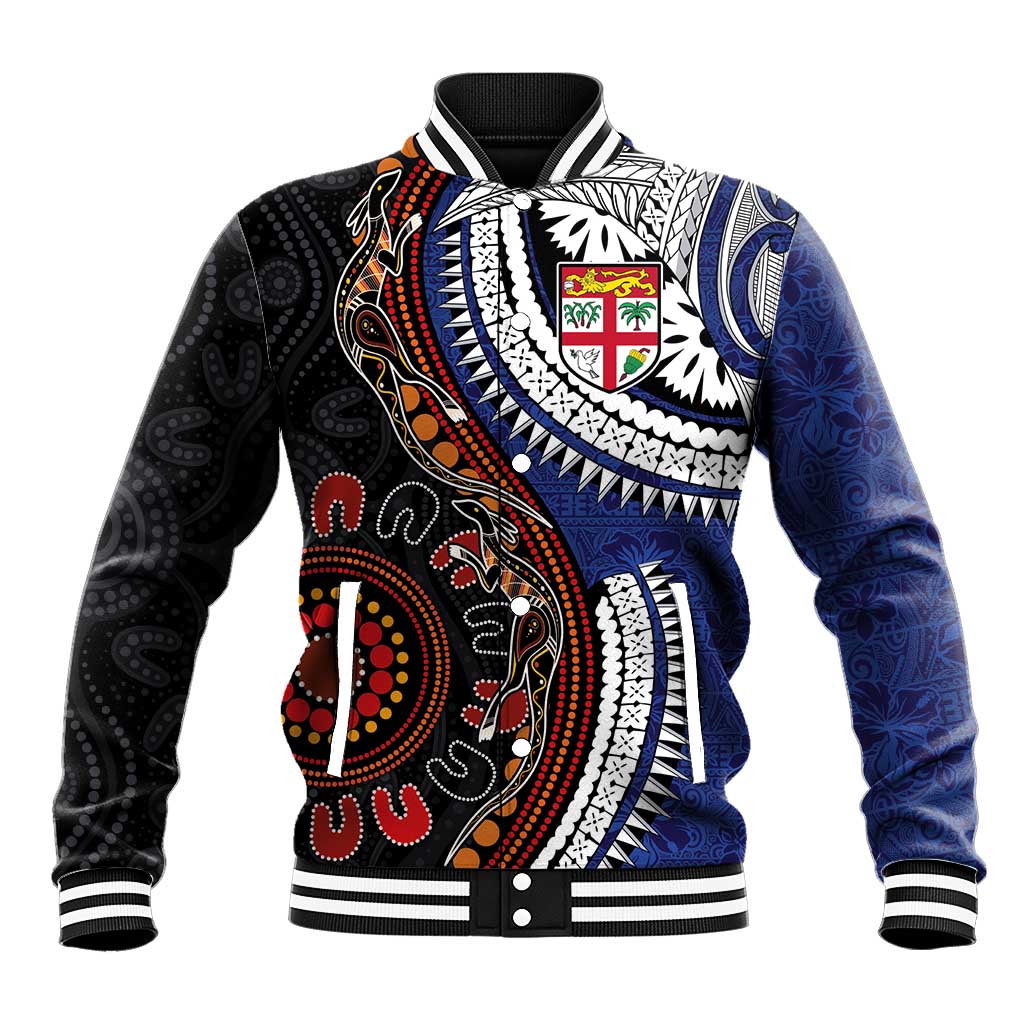 Fiji and Australia Together Baseball Jacket Kangaroo Aboriginal with Tribal Tapa Hibiscus Half Style - Polynesian Pride
