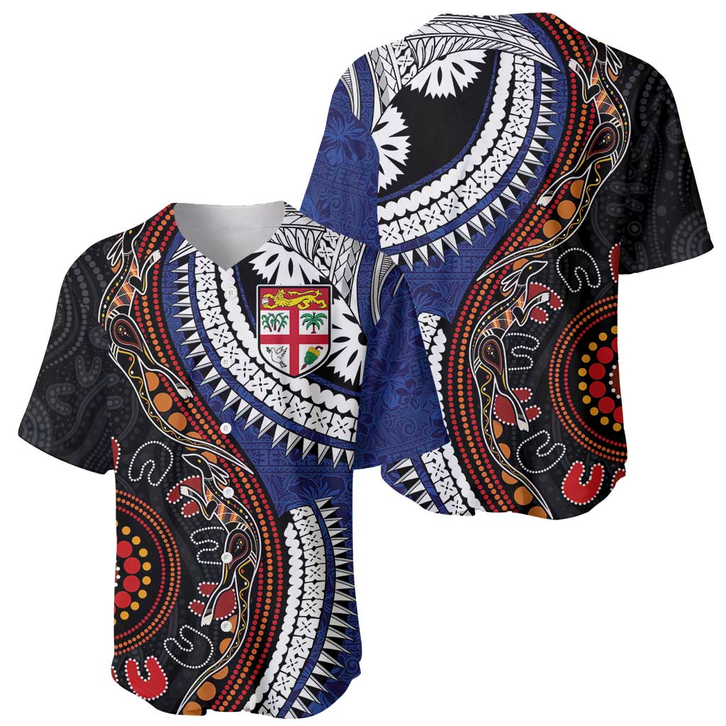 Fiji and Australia Together Baseball Jersey Kangaroo Aboriginal with Tribal Tapa Hibiscus Half Style LT03 - Polynesian Pride