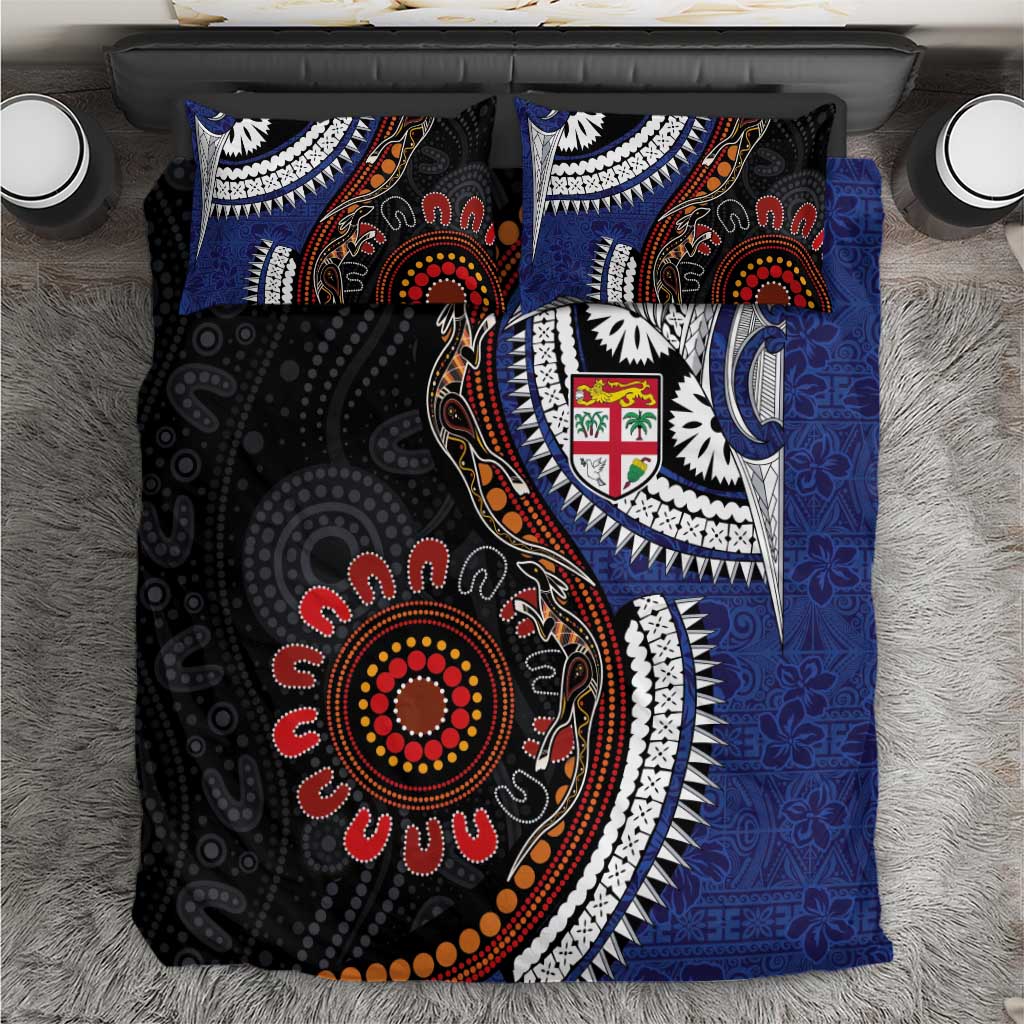 Fiji and Australia Together Bedding Set Kangaroo Aboriginal with Tribal Tapa Hibiscus Half Style - Polynesian Pride