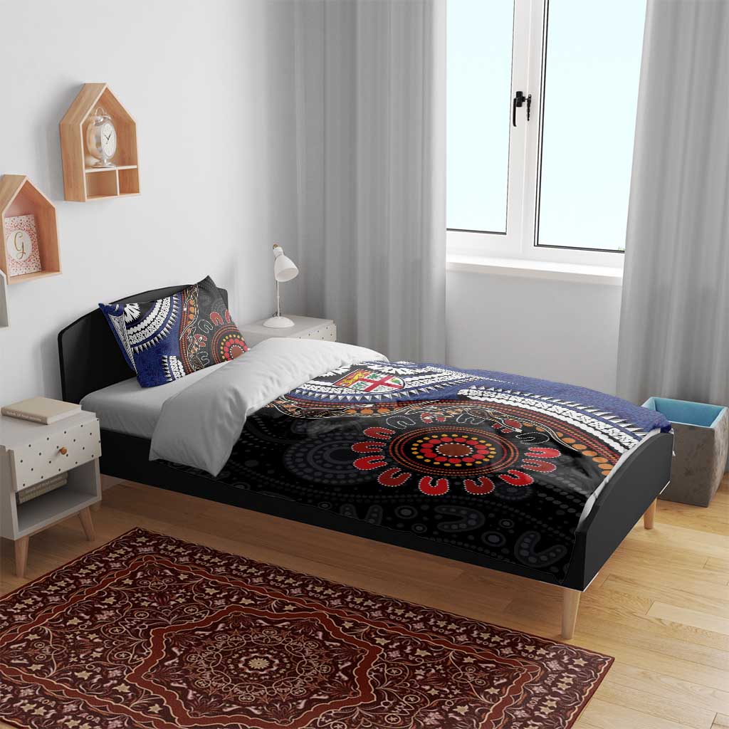 Fiji and Australia Together Bedding Set Kangaroo Aboriginal with Tribal Tapa Hibiscus Half Style - Polynesian Pride
