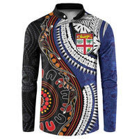 Fiji and Australia Together Button Sweatshirt Kangaroo Aboriginal with Tribal Tapa Hibiscus Half Style - Polynesian Pride