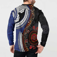 Fiji and Australia Together Button Sweatshirt Kangaroo Aboriginal with Tribal Tapa Hibiscus Half Style - Polynesian Pride