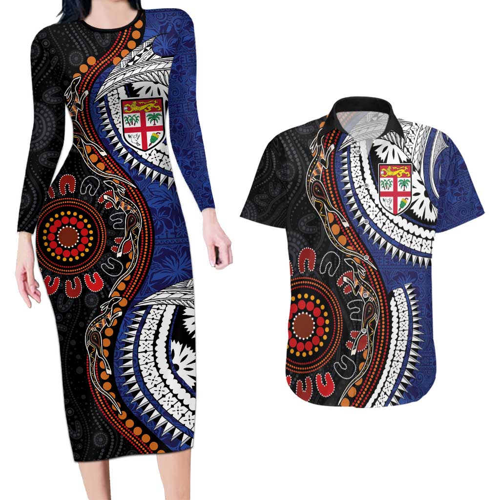 Fiji and Australia Together Couples Matching Long Sleeve Bodycon Dress and Hawaiian Shirt Kangaroo Aboriginal with Tribal Tapa Hibiscus Half Style LT03 Black - Polynesian Pride
