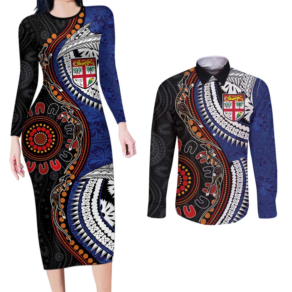 Fiji and Australia Together Couples Matching Long Sleeve Bodycon Dress and Long Sleeve Button Shirt Kangaroo Aboriginal with Tribal Tapa Hibiscus Half Style LT03 Black - Polynesian Pride