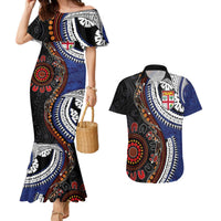 Fiji and Australia Together Couples Matching Mermaid Dress and Hawaiian Shirt Kangaroo Aboriginal with Tribal Tapa Hibiscus Half Style LT03 Black - Polynesian Pride
