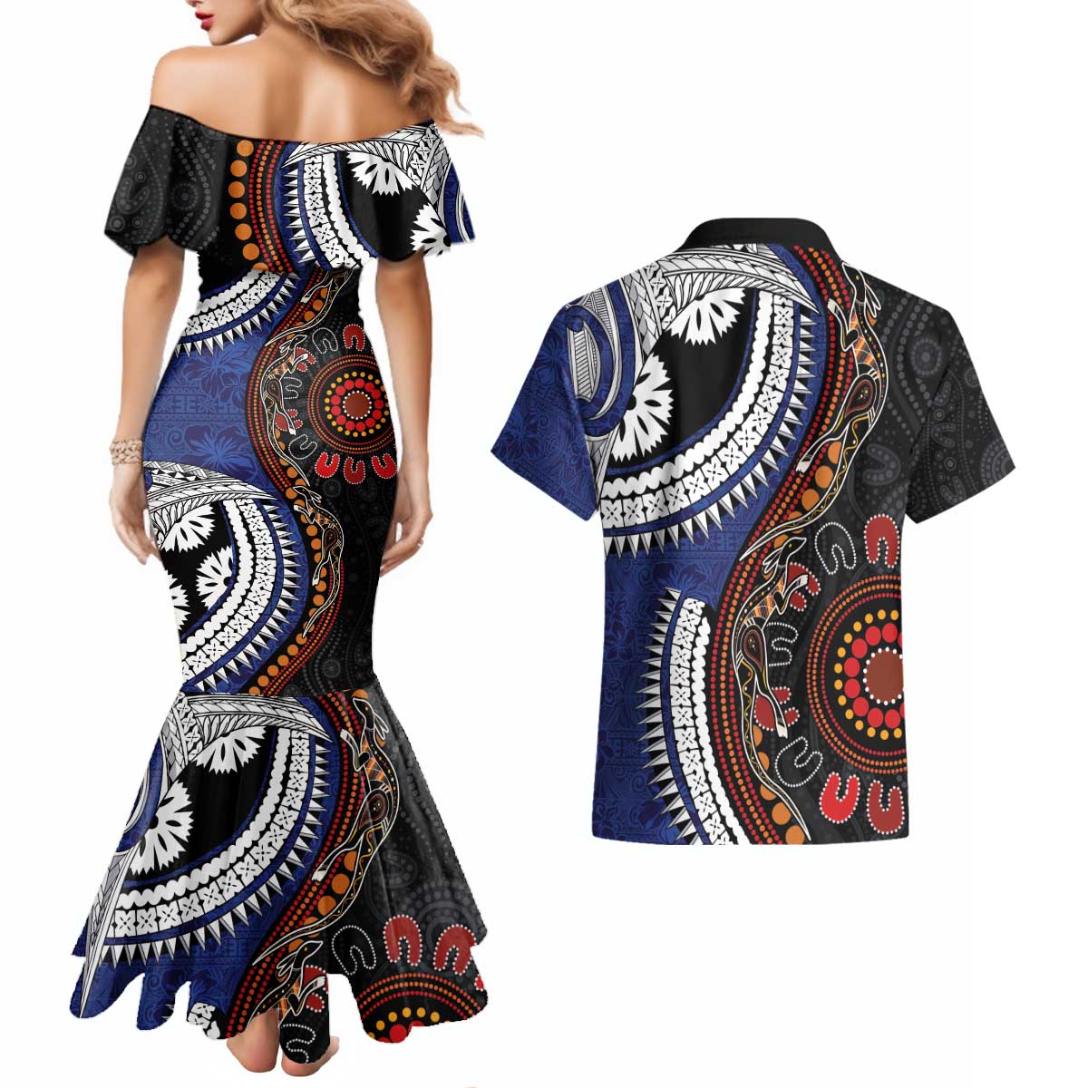 Fiji and Australia Together Couples Matching Mermaid Dress and Hawaiian Shirt Kangaroo Aboriginal with Tribal Tapa Hibiscus Half Style LT03 - Polynesian Pride