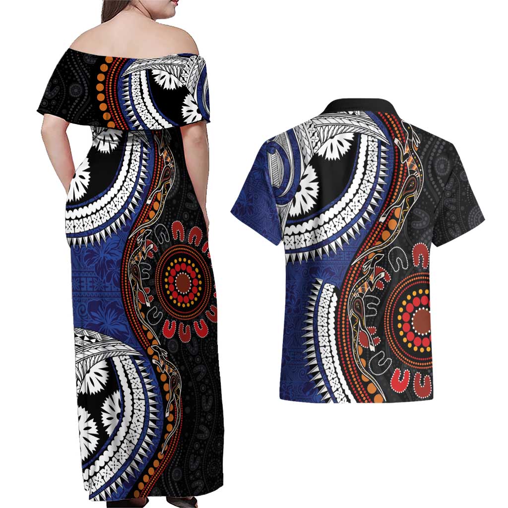 Fiji and Australia Together Couples Matching Off Shoulder Maxi Dress and Hawaiian Shirt Kangaroo Aboriginal with Tribal Tapa Hibiscus Half Style LT03 - Polynesian Pride