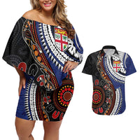 Fiji and Australia Together Couples Matching Off Shoulder Short Dress and Hawaiian Shirt Kangaroo Aboriginal with Tribal Tapa Hibiscus Half Style LT03 Black - Polynesian Pride