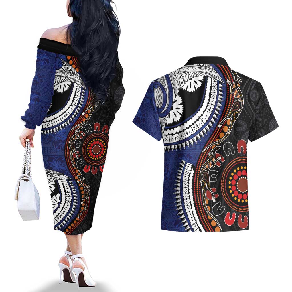 Fiji and Australia Together Couples Matching Off The Shoulder Long Sleeve Dress and Hawaiian Shirt Kangaroo Aboriginal with Tribal Tapa Hibiscus Half Style - Polynesian Pride