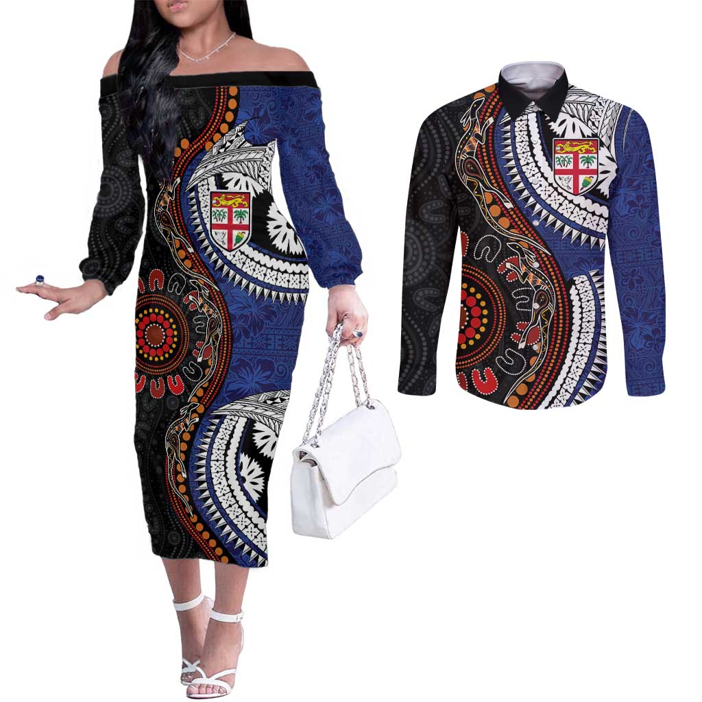 Fiji and Australia Together Couples Matching Off The Shoulder Long Sleeve Dress and Long Sleeve Button Shirt Kangaroo Aboriginal with Tribal Tapa Hibiscus Half Style LT03 Black - Polynesian Pride