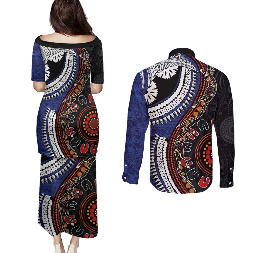 Fiji and Australia Together Couples Matching Puletasi and Long Sleeve Button Shirt Kangaroo Aboriginal with Tribal Tapa Hibiscus Half Style - Polynesian Pride