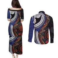 Fiji and Australia Together Couples Matching Puletasi and Long Sleeve Button Shirt Kangaroo Aboriginal with Tribal Tapa Hibiscus Half Style - Polynesian Pride