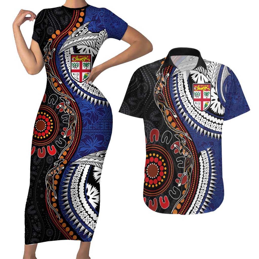 Fiji and Australia Together Couples Matching Short Sleeve Bodycon Dress and Hawaiian Shirt Kangaroo Aboriginal with Tribal Tapa Hibiscus Half Style LT03 Black - Polynesian Pride