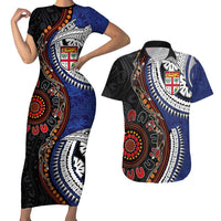 Fiji and Australia Together Couples Matching Short Sleeve Bodycon Dress and Hawaiian Shirt Kangaroo Aboriginal with Tribal Tapa Hibiscus Half Style LT03 Black - Polynesian Pride