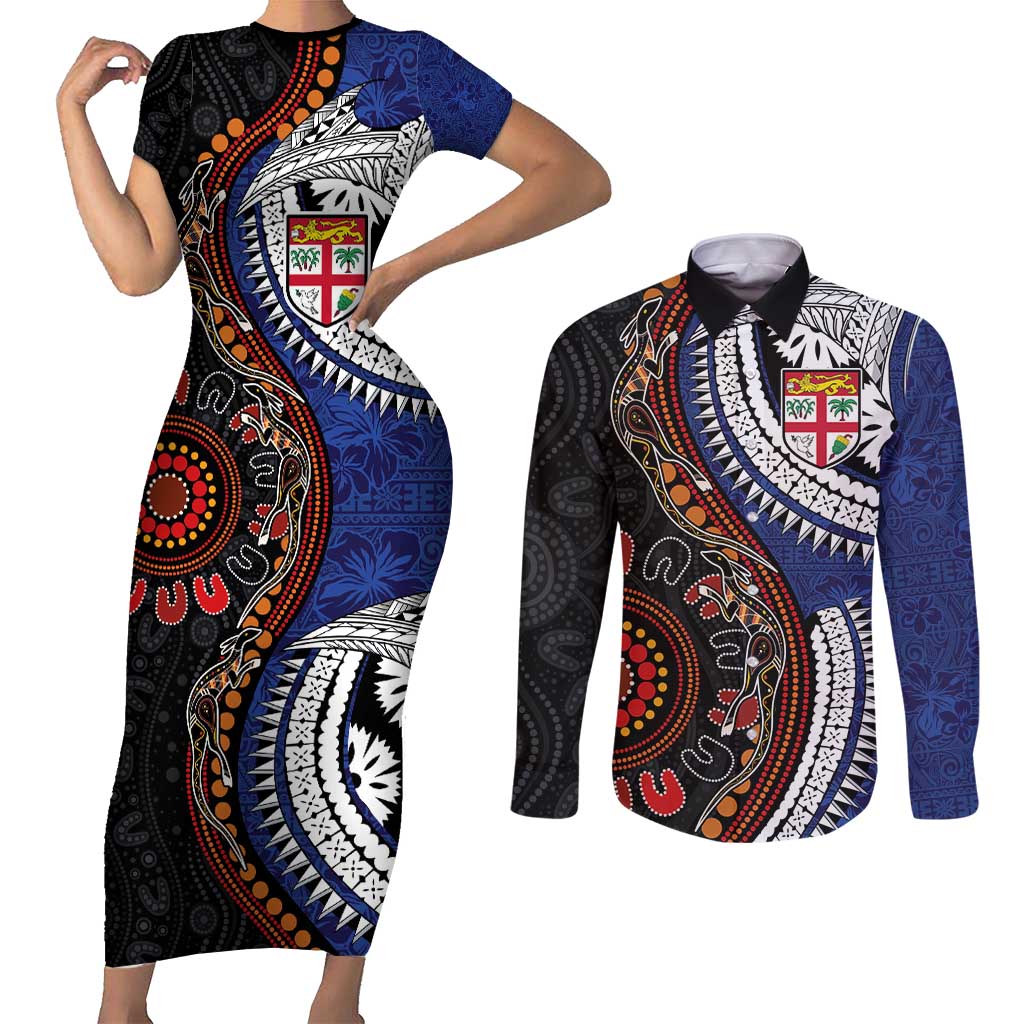 Fiji and Australia Together Couples Matching Short Sleeve Bodycon Dress and Long Sleeve Button Shirt Kangaroo Aboriginal with Tribal Tapa Hibiscus Half Style LT03 Black - Polynesian Pride