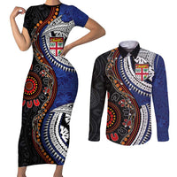 Fiji and Australia Together Couples Matching Short Sleeve Bodycon Dress and Long Sleeve Button Shirt Kangaroo Aboriginal with Tribal Tapa Hibiscus Half Style LT03 Black - Polynesian Pride