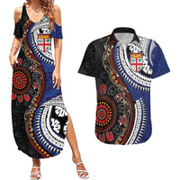 Fiji and Australia Together Couples Matching Summer Maxi Dress and Hawaiian Shirt Kangaroo Aboriginal with Tribal Tapa Hibiscus Half Style LT03 Black - Polynesian Pride