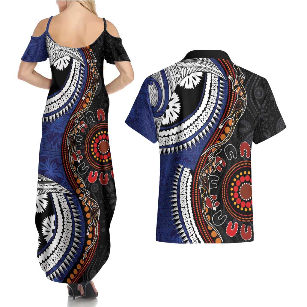 Fiji and Australia Together Couples Matching Summer Maxi Dress and Hawaiian Shirt Kangaroo Aboriginal with Tribal Tapa Hibiscus Half Style LT03 - Polynesian Pride