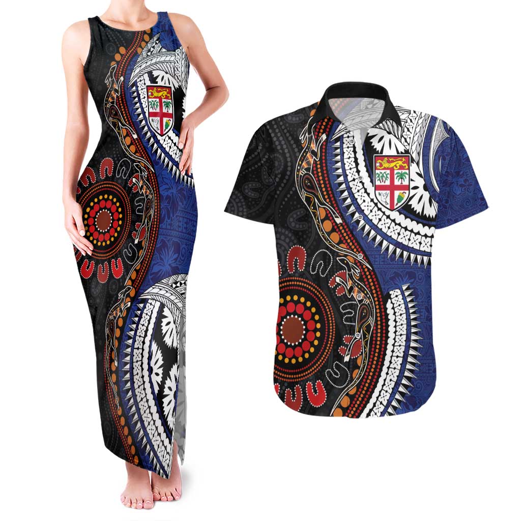 Fiji and Australia Together Couples Matching Tank Maxi Dress and Hawaiian Shirt Kangaroo Aboriginal with Tribal Tapa Hibiscus Half Style LT03 Black - Polynesian Pride