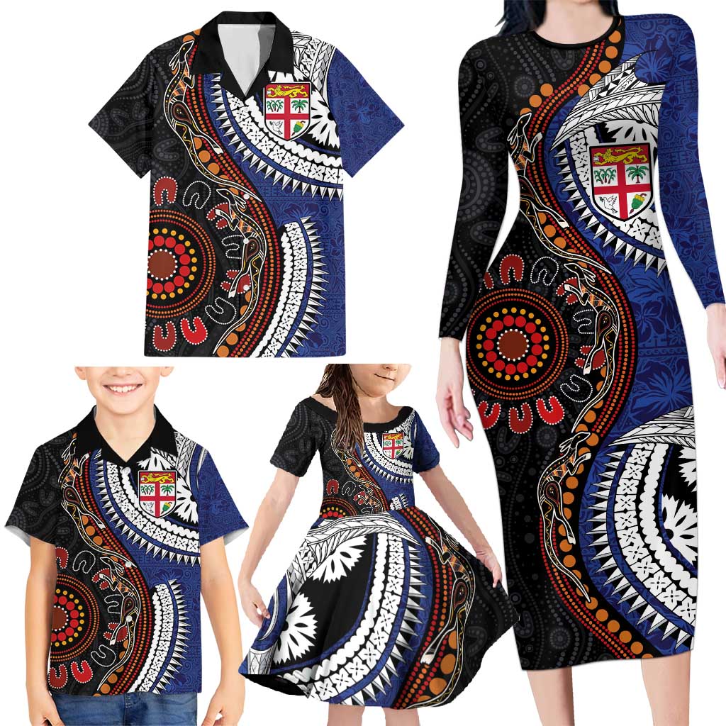 Fiji and Australia Together Family Matching Long Sleeve Bodycon Dress and Hawaiian Shirt Kangaroo Aboriginal with Tribal Tapa Hibiscus Half Style LT03 - Polynesian Pride