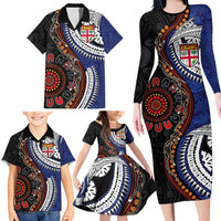 Fiji and Australia Together Family Matching Long Sleeve Bodycon Dress and Hawaiian Shirt Kangaroo Aboriginal with Tribal Tapa Hibiscus Half Style LT03 - Polynesian Pride