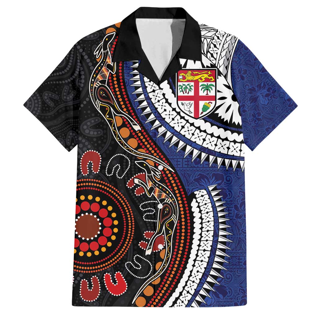 Fiji and Australia Together Family Matching Long Sleeve Bodycon Dress and Hawaiian Shirt Kangaroo Aboriginal with Tribal Tapa Hibiscus Half Style LT03 Dad's Shirt - Short Sleeve Black - Polynesian Pride