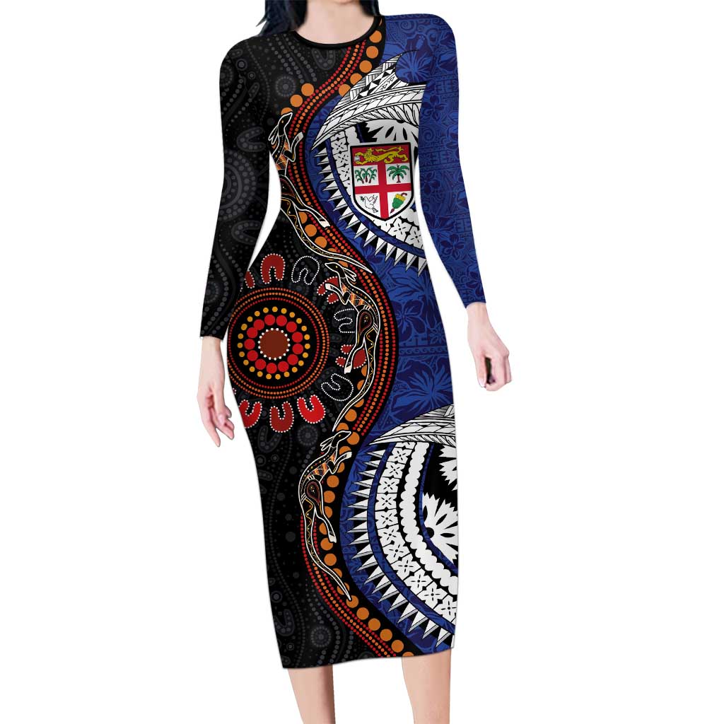 Fiji and Australia Together Family Matching Long Sleeve Bodycon Dress and Hawaiian Shirt Kangaroo Aboriginal with Tribal Tapa Hibiscus Half Style LT03 Mom's Dress Black - Polynesian Pride