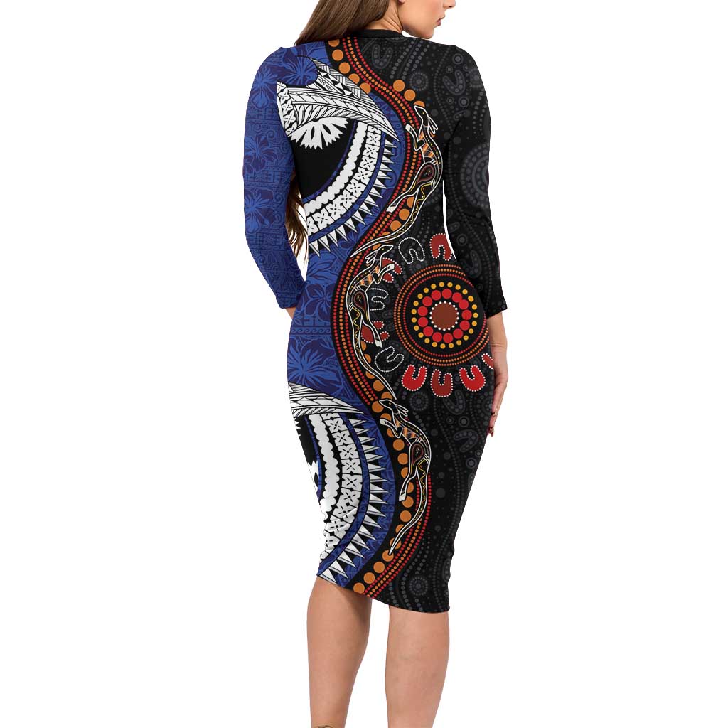Fiji and Australia Together Family Matching Long Sleeve Bodycon Dress and Hawaiian Shirt Kangaroo Aboriginal with Tribal Tapa Hibiscus Half Style LT03 - Polynesian Pride