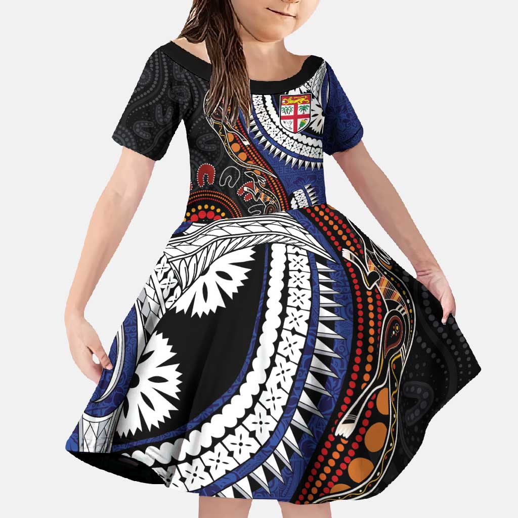 Fiji and Australia Together Family Matching Mermaid Dress and Hawaiian Shirt Kangaroo Aboriginal with Tribal Tapa Hibiscus Half Style LT03 Daughter's Dress Black - Polynesian Pride