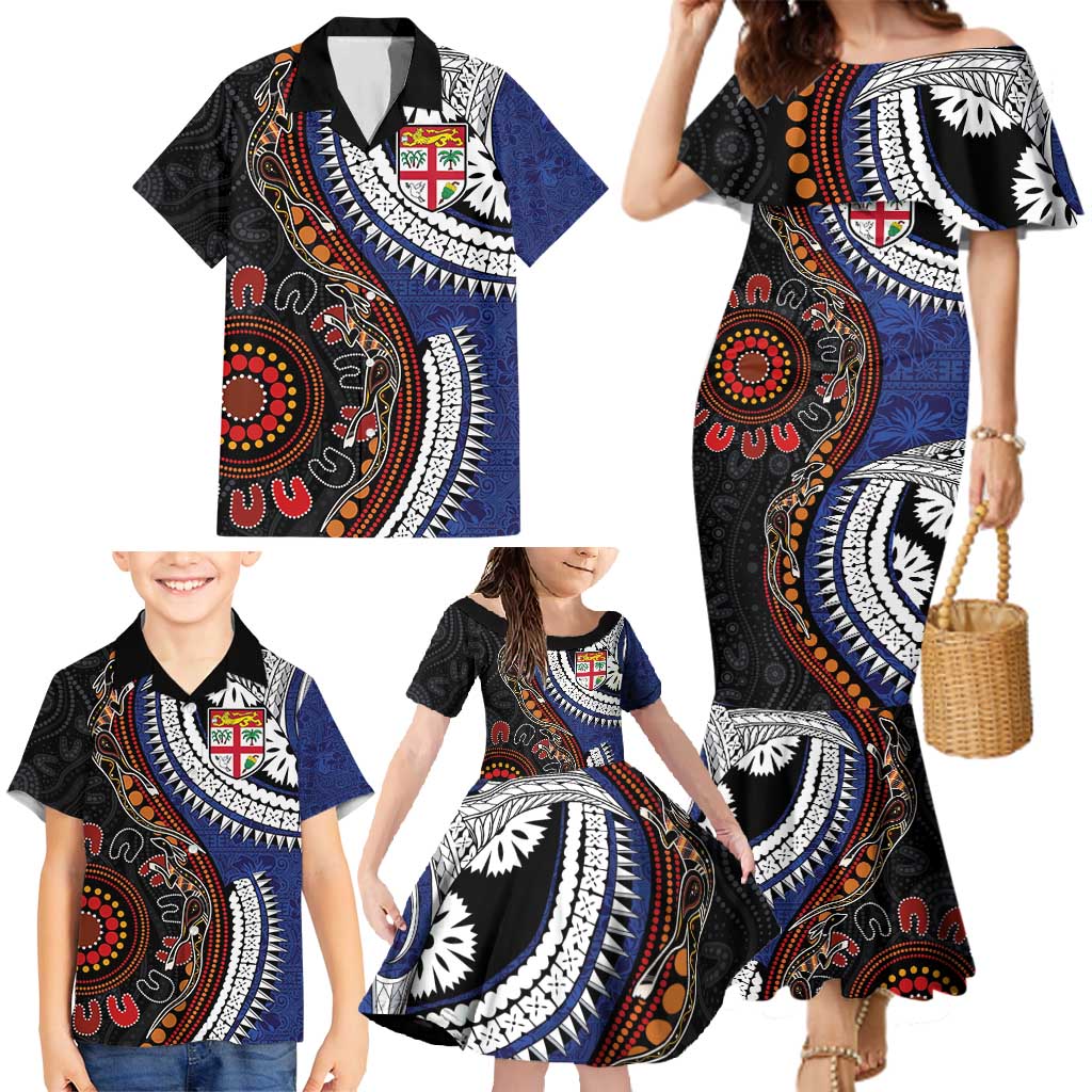 Fiji and Australia Together Family Matching Mermaid Dress and Hawaiian Shirt Kangaroo Aboriginal with Tribal Tapa Hibiscus Half Style LT03 - Polynesian Pride