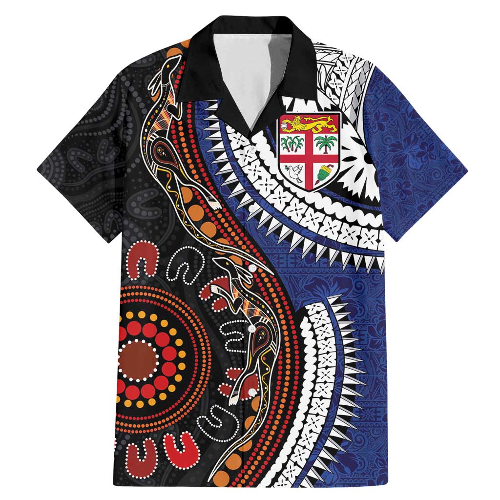 Fiji and Australia Together Family Matching Mermaid Dress and Hawaiian Shirt Kangaroo Aboriginal with Tribal Tapa Hibiscus Half Style LT03 Dad's Shirt - Short Sleeve Black - Polynesian Pride