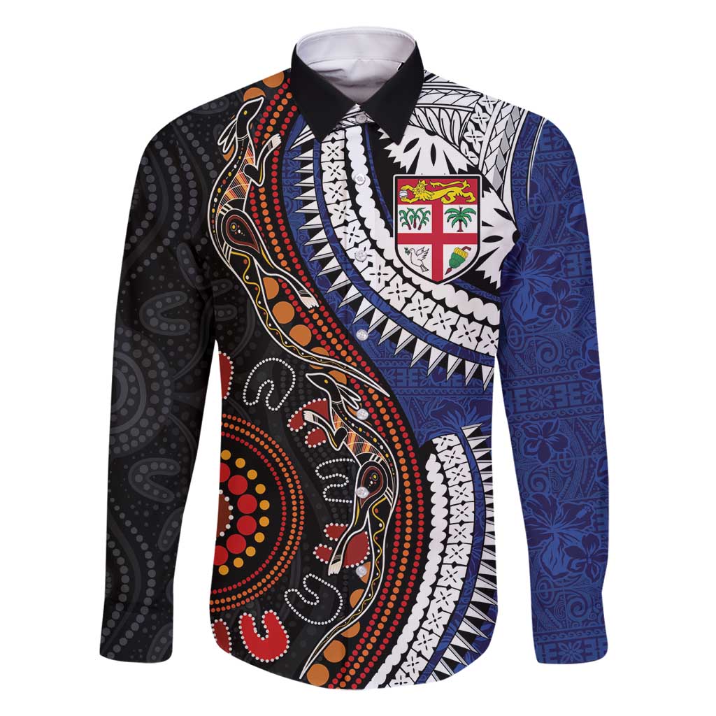Fiji and Australia Together Family Matching Mermaid Dress and Hawaiian Shirt Kangaroo Aboriginal with Tribal Tapa Hibiscus Half Style LT03 Dad's Shirt - Long Sleeve Black - Polynesian Pride