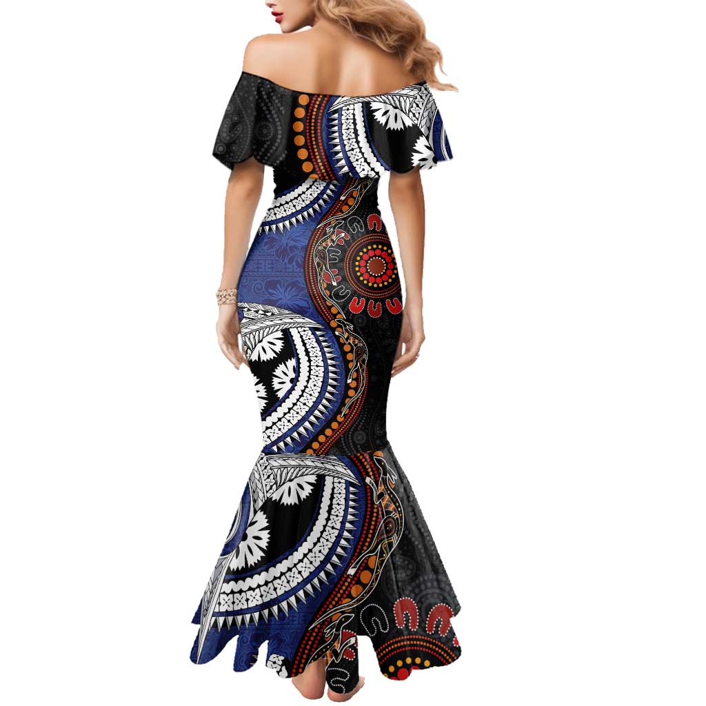 Fiji and Australia Together Family Matching Mermaid Dress and Hawaiian Shirt Kangaroo Aboriginal with Tribal Tapa Hibiscus Half Style LT03 - Polynesian Pride