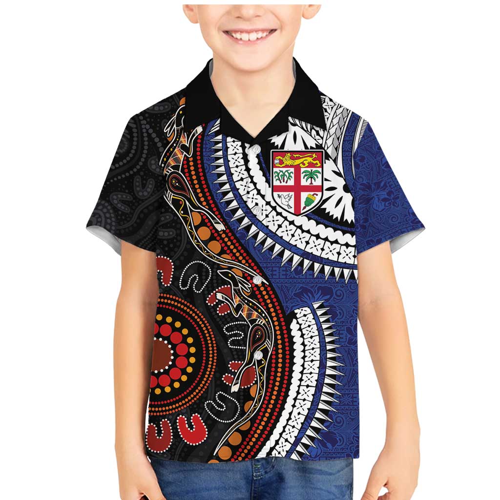 Fiji and Australia Together Family Matching Mermaid Dress and Hawaiian Shirt Kangaroo Aboriginal with Tribal Tapa Hibiscus Half Style LT03 Son's Shirt Black - Polynesian Pride