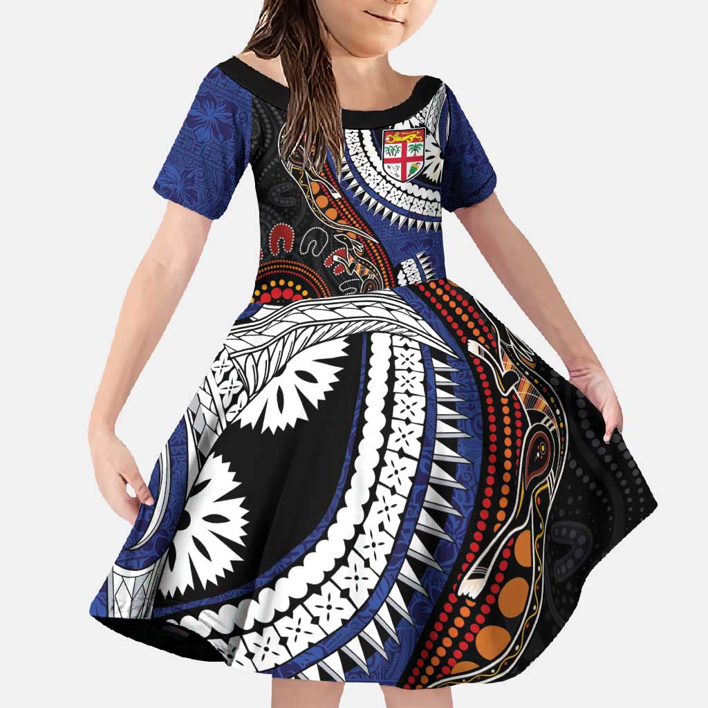Fiji and Australia Together Family Matching Off Shoulder Maxi Dress and Hawaiian Shirt Kangaroo Aboriginal with Tribal Tapa Hibiscus Half Style LT03 Daughter's Dress Black - Polynesian Pride