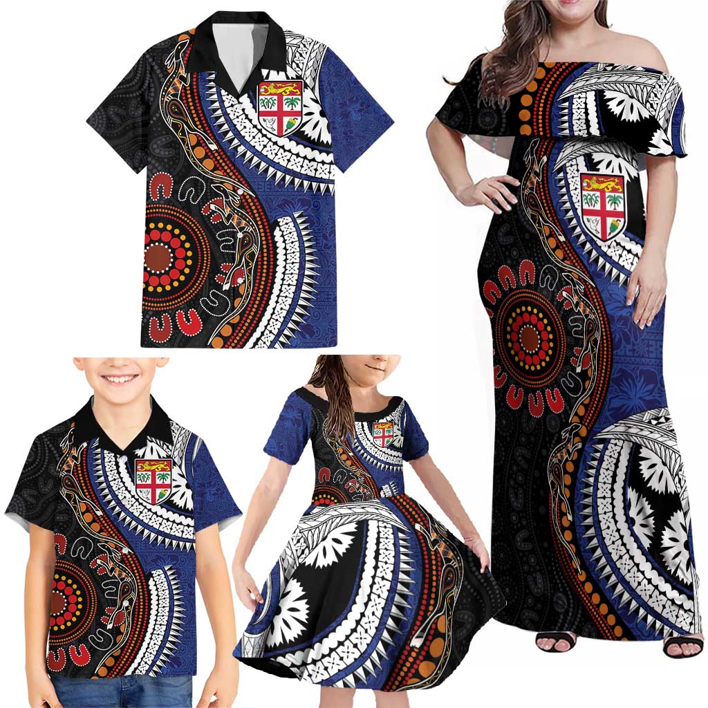 Fiji and Australia Together Family Matching Off Shoulder Maxi Dress and Hawaiian Shirt Kangaroo Aboriginal with Tribal Tapa Hibiscus Half Style LT03 - Polynesian Pride