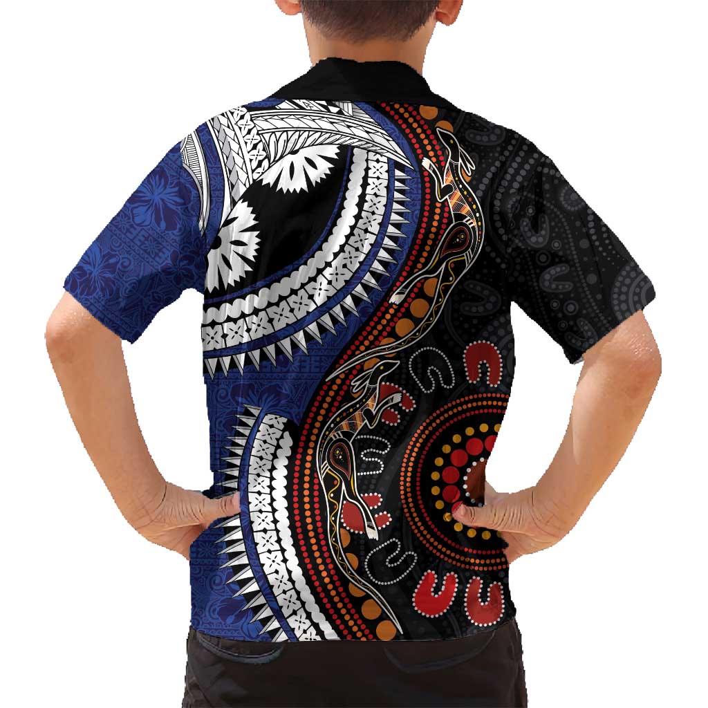 Fiji and Australia Together Family Matching Off Shoulder Short Dress and Hawaiian Shirt Kangaroo Aboriginal with Tribal Tapa Hibiscus Half Style LT03 - Polynesian Pride