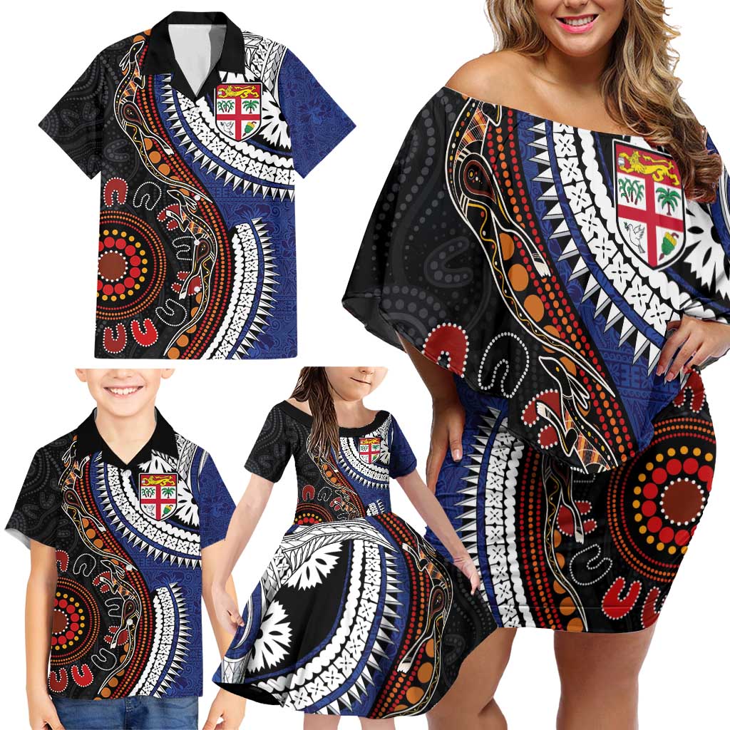 Fiji and Australia Together Family Matching Off Shoulder Short Dress and Hawaiian Shirt Kangaroo Aboriginal with Tribal Tapa Hibiscus Half Style LT03 - Polynesian Pride