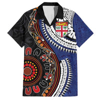 Fiji and Australia Together Family Matching Off Shoulder Short Dress and Hawaiian Shirt Kangaroo Aboriginal with Tribal Tapa Hibiscus Half Style LT03 Dad's Shirt - Short Sleeve Black - Polynesian Pride