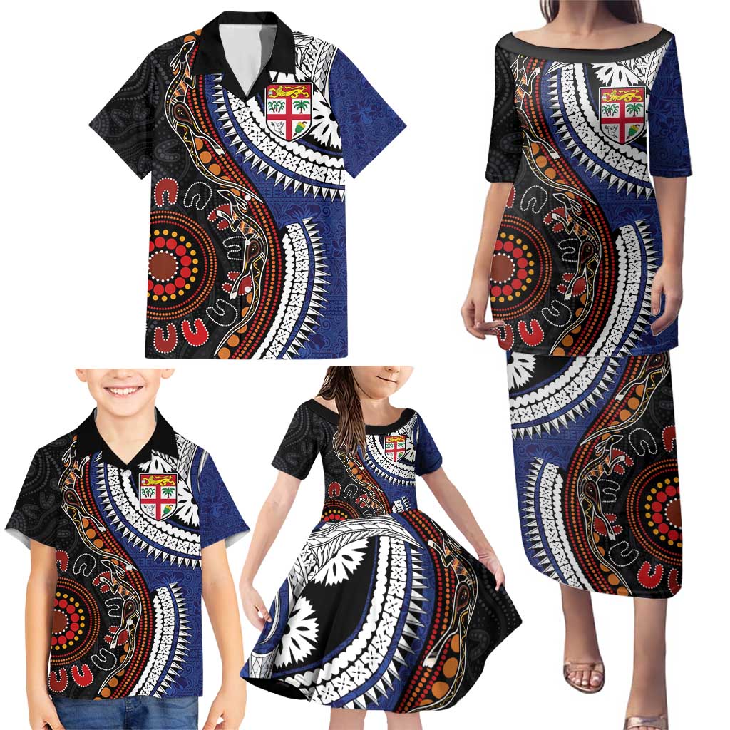 Fiji and Australia Together Family Matching Puletasi and Hawaiian Shirt Kangaroo Aboriginal with Tribal Tapa Hibiscus Half Style - Polynesian Pride