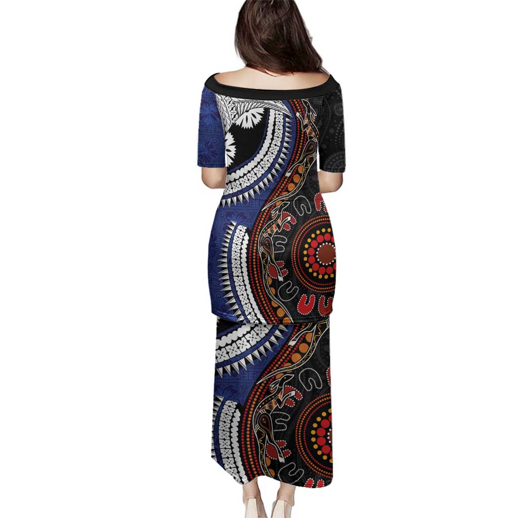 Fiji and Australia Together Family Matching Puletasi and Hawaiian Shirt Kangaroo Aboriginal with Tribal Tapa Hibiscus Half Style - Polynesian Pride