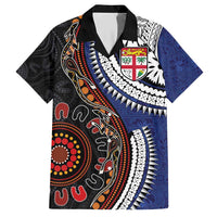 Fiji and Australia Together Family Matching Short Sleeve Bodycon Dress and Hawaiian Shirt Kangaroo Aboriginal with Tribal Tapa Hibiscus Half Style LT03 Dad's Shirt - Short Sleeve Black - Polynesian Pride
