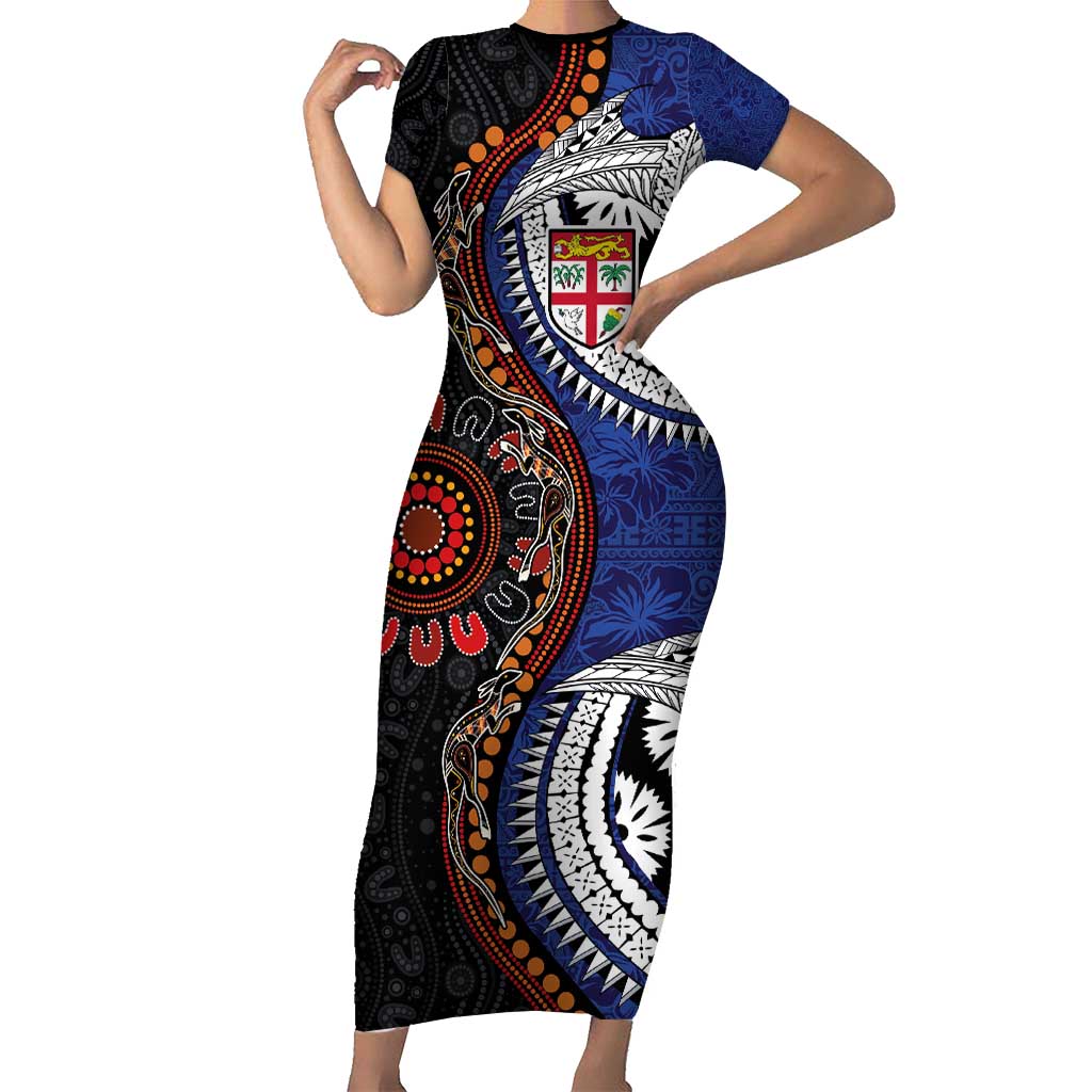 Fiji and Australia Together Family Matching Short Sleeve Bodycon Dress and Hawaiian Shirt Kangaroo Aboriginal with Tribal Tapa Hibiscus Half Style LT03 Mom's Dress Black - Polynesian Pride