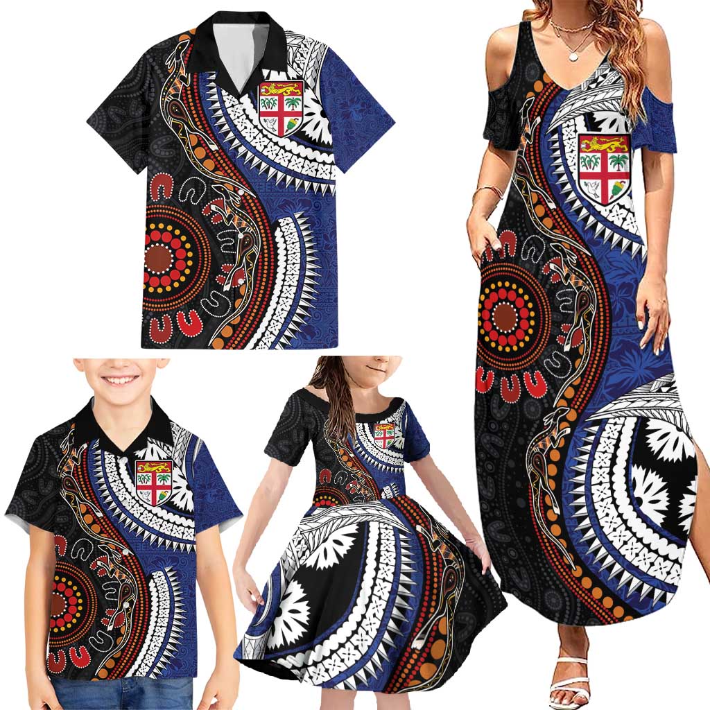 Fiji and Australia Together Family Matching Summer Maxi Dress and Hawaiian Shirt Kangaroo Aboriginal with Tribal Tapa Hibiscus Half Style LT03 - Polynesian Pride