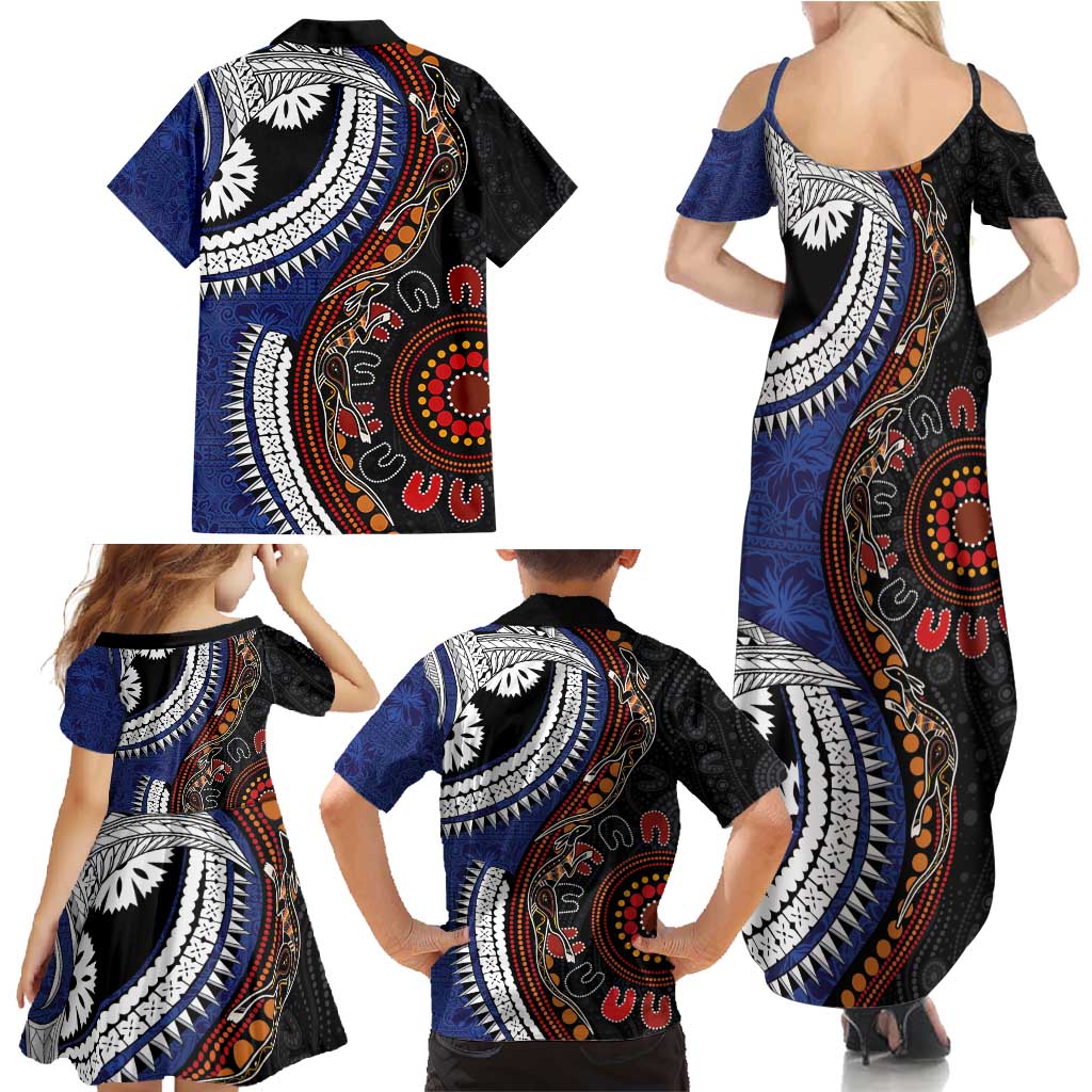 Fiji and Australia Together Family Matching Summer Maxi Dress and Hawaiian Shirt Kangaroo Aboriginal with Tribal Tapa Hibiscus Half Style LT03 - Polynesian Pride