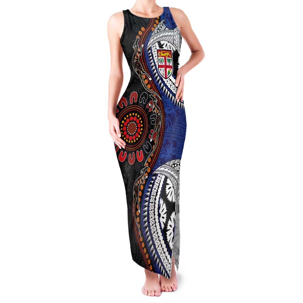 Fiji and Australia Together Family Matching Tank Maxi Dress and Hawaiian Shirt Kangaroo Aboriginal with Tribal Tapa Hibiscus Half Style LT03 Mom's Dress Black - Polynesian Pride