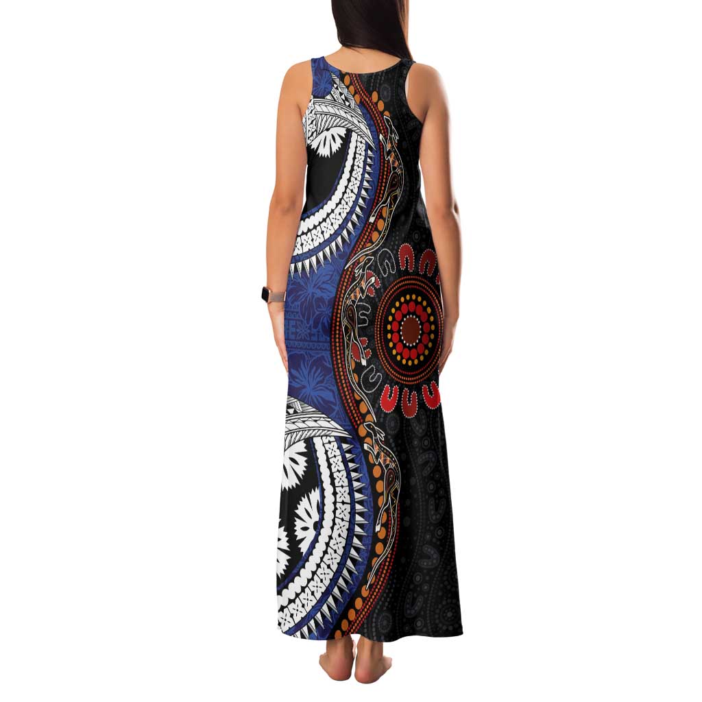 Fiji and Australia Together Family Matching Tank Maxi Dress and Hawaiian Shirt Kangaroo Aboriginal with Tribal Tapa Hibiscus Half Style LT03 - Polynesian Pride