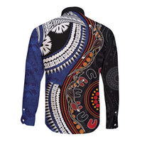 Fiji and Australia Together Long Sleeve Button Shirt Kangaroo Aboriginal with Tribal Tapa Hibiscus Half Style - Polynesian Pride